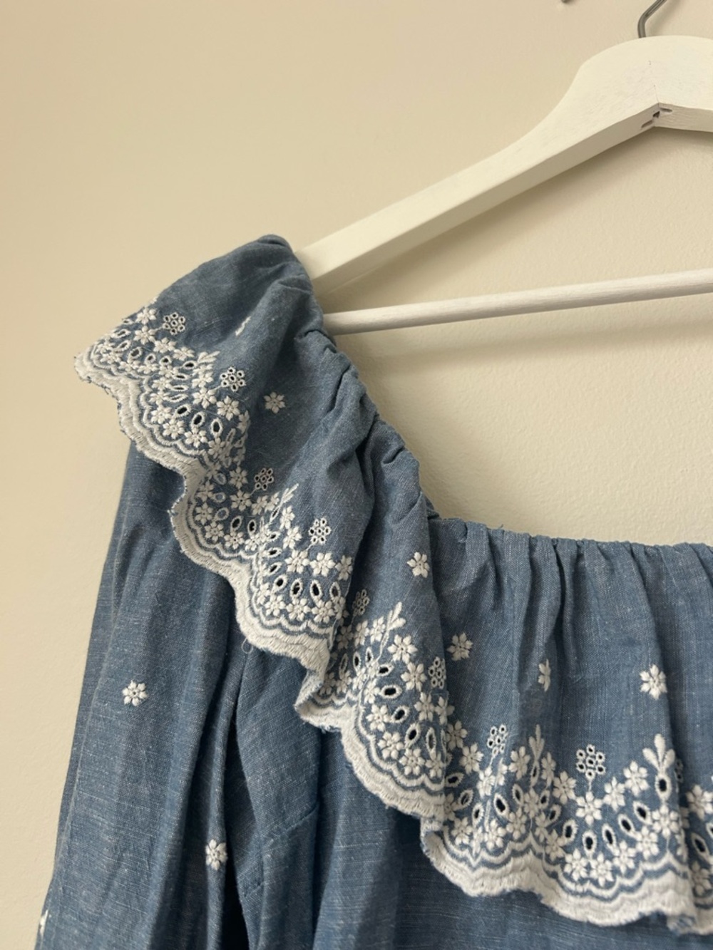 Sezane Francesca Chambray Blouse Blue White Embroidered Off Shoulder Ruffle Top - Picture 6 of 12